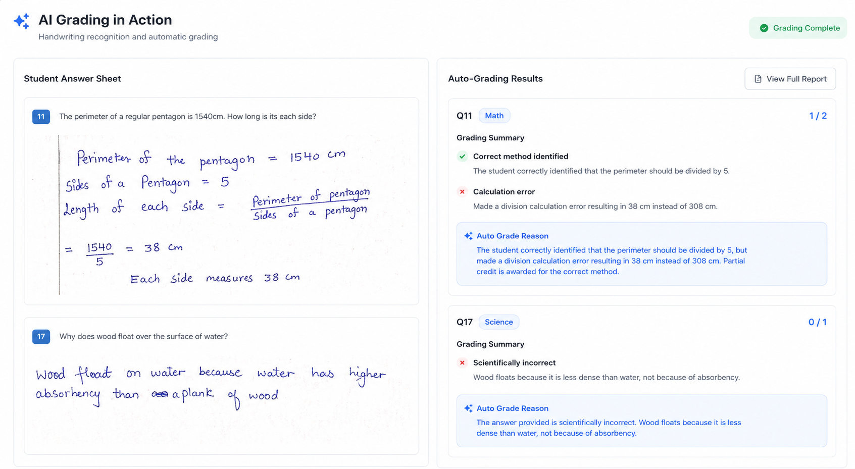 AI Grading in Action - Handwriting recognition and auto-grading results