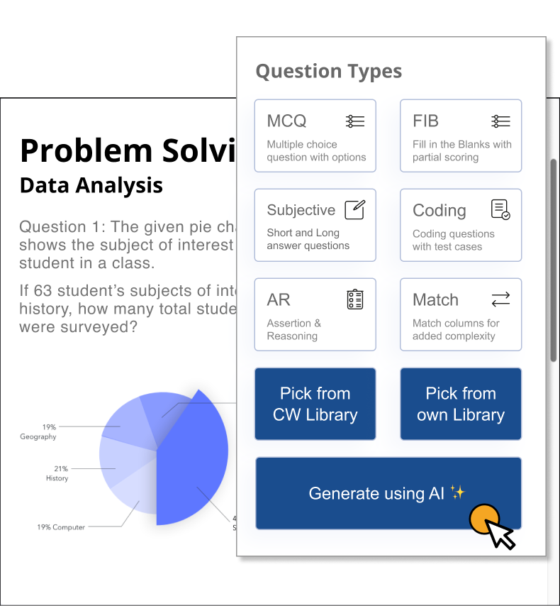 AI Assessment Creation Interface showing question types including MCQs, Fill in the Blanks, Subjective, Coding, AR, and Math questions with options to pick from Classwise library, own library or generate using AI