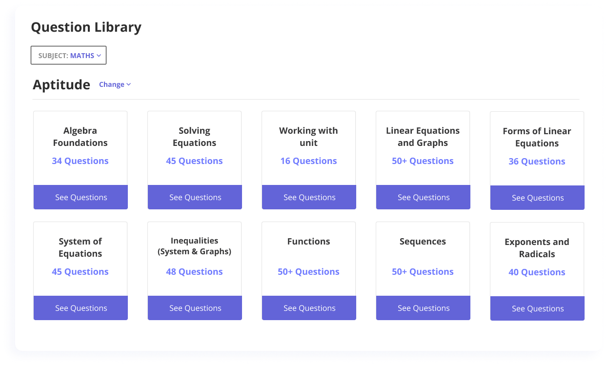 Classwise Question Library interface showing organized math aptitude categories including Algebra Foundations (34 Questions), Solving Equations (45 Questions), Linear Equations (50+ Questions), Functions, Sequences, and Exponents with See Questions buttons for each category