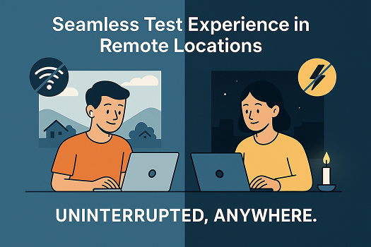 Seamless Test Experience in Remote Locations showing two candidates taking assessments uninterrupted anywhere with WIFI connection indicators and power reliability features to handle challenging testing environments